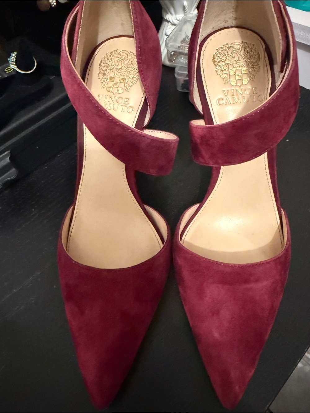 Vince Camuto Wine Suede Pointed-Toe Ankle-Strap Heels